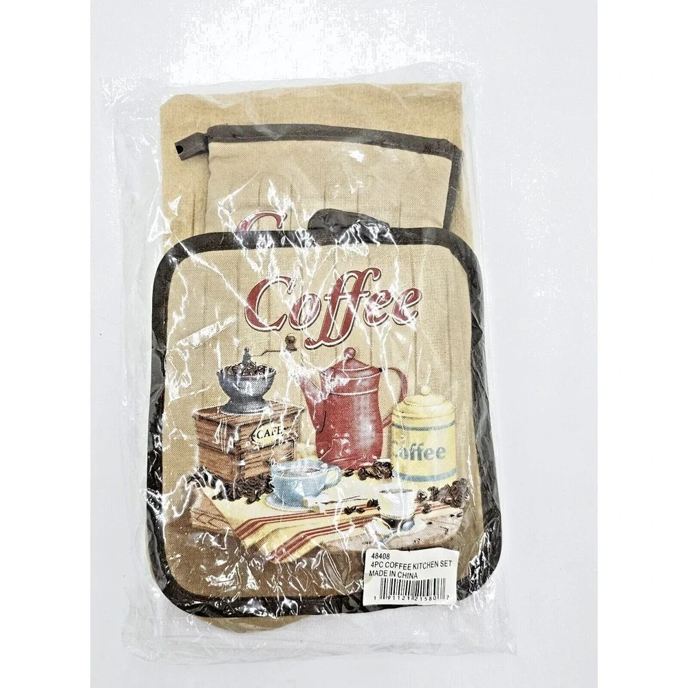 7 Pc Coffee Kitchen Set 2 Oven Mitts 3 Potholders 2 Towels Printed Hot Pads Cook